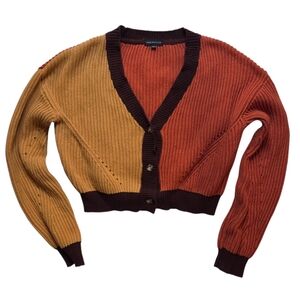 Grand Beach Club Orange & Brown Knit Crop Cardigan Medium 22in P2P